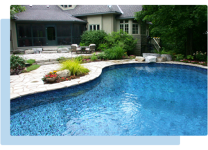 A landscaped backyard with an in ground pool